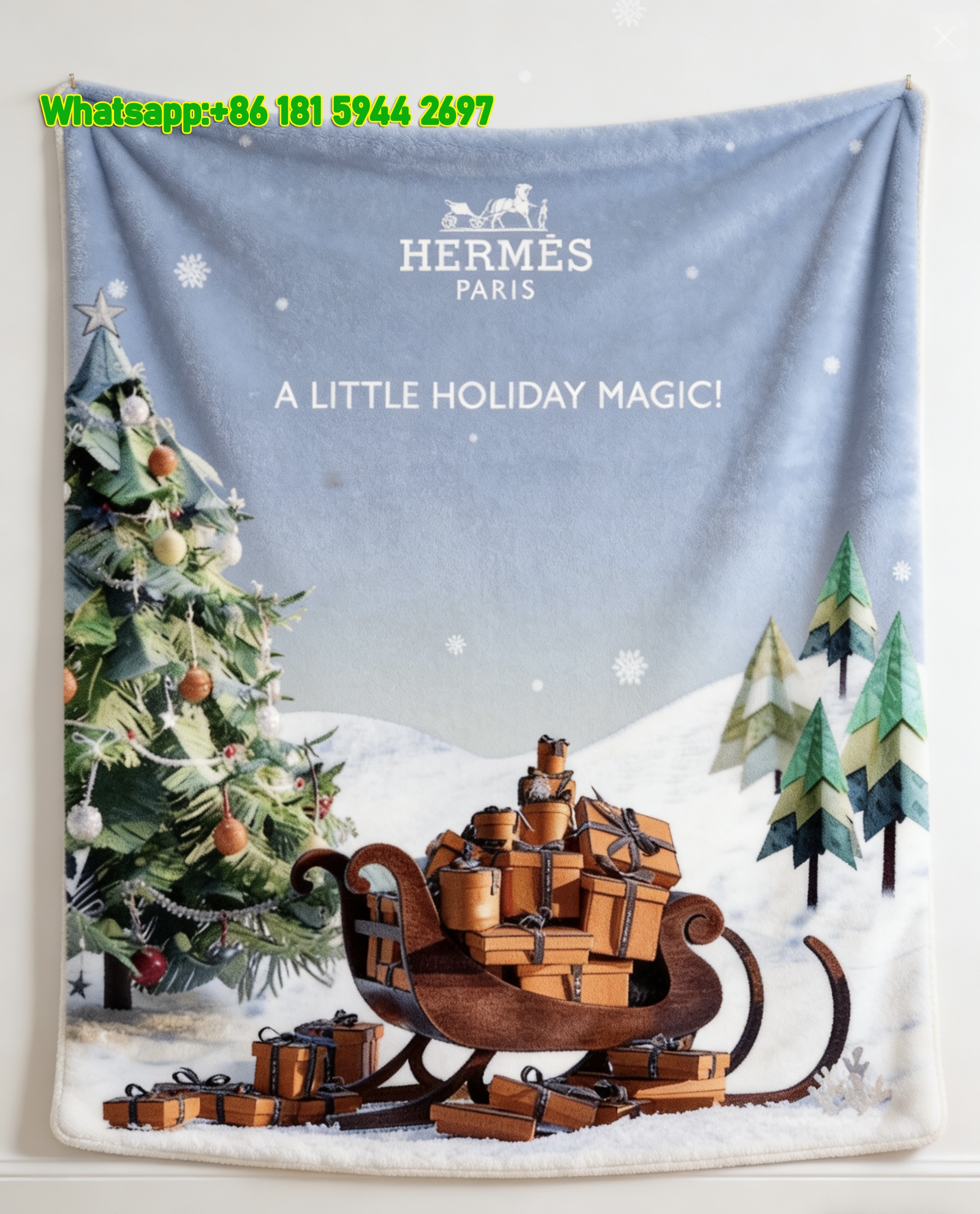 Hermès Holiday Sleigh Gift Flannel Throw Blanket IMG_5402